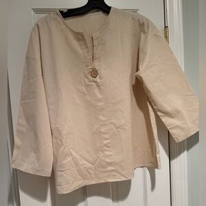 Linen Top V Neck with Single Button Detail